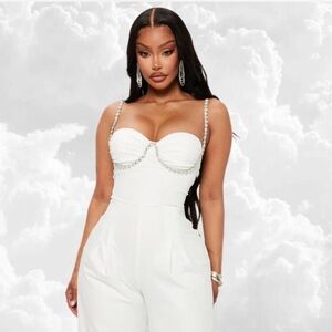 Elegant White Jumpsuit with Rhinestone Embellishment Straps